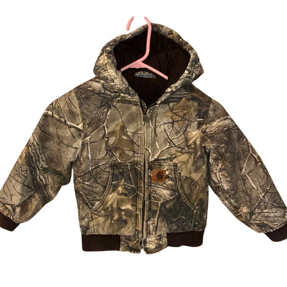 Carhartt kids’ camouflage camo quilted lining hooded toddler coat (size XXS 4-5)